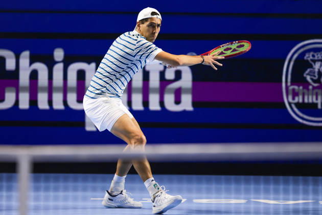 RECORD DATE NOT STATED 27th October 2026; St. Jakobshalle, Basel, Switzerland; ATP, Tennis Herren Tennis, Swiss Indoors Basel, Day 4; First round match; Alejandro Tabilo of Chile plays a forehand AnthonyxBenoit