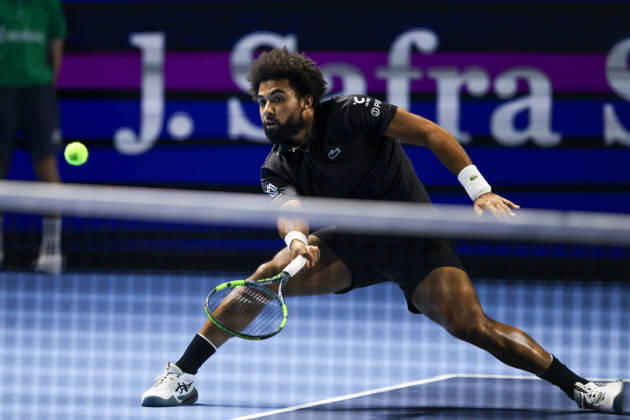 RECORD DATE NOT STATED 27th October 2026; St. Jakobshalle, Basel, Switzerland; ATP, Tennis Herren Tennis, Swiss Indoors Basel, Day 4; First round match; Arthur Fils of France slides for the ball against Giovanni Mpetshi Perricard of France AnthonyxBenoit