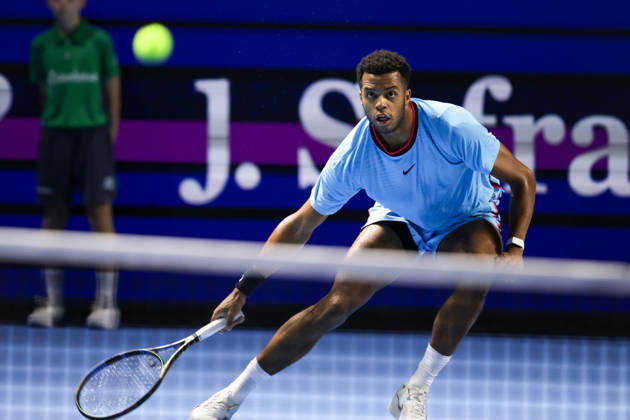 RECORD DATE NOT STATED 27th October 2026; St. Jakobshalle, Basel, Switzerland; ATP, Tennis Herren Tennis, Swiss Indoors Basel, Day 4; First round match; Giovanni Mpetshi Perricard of France slides for the ball against Arthur Fils of France AnthonyxBenoit
