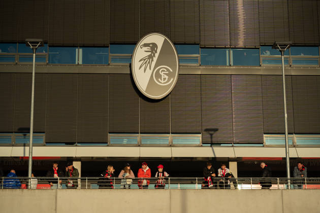 October 28, 2026, xjyhynx, Soccer, DFB Cup, 2nd Round, SC Freiburg vs. VfL Wolfsburg, left: exterior view of Europa-Park Stadium, Freiburg logo