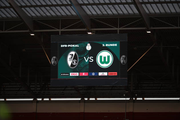 GER, Soccer, DFB Cup, 2nd Round, 2026–2027 Season, October 28, 2026, SC Freiburg vs. VfL Wolfsburg Scoreboard at SC Freiburg’s Europa-Park Stadium, Baden-Württemberg, Germany. DFL regulations prohibit any use of photographs as image sequences and or quasi-video. Copyright: xNordphoto Prihodax