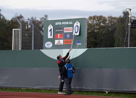Soccer, Men s, 2026–2027 Season, DFB Cup, Second Round, SSV Jeddeloh II vs. Hertha BSC. Before the game, Jeddeloh staff had some fun by setting the scoreboard to show a 1–0 lead for the home team, October 28, 2026, Copyright: xMatthiasxKochx