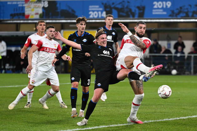 Paderborn, Home Deluxe Arena, October 28, 2026, GER, Men s, DFB Cup, 2nd Round, 2026–2027 Season, SC Paderborn vs. VfB Stuttgart. Photo, from left, showing Felix GOETZE (Paderborn) and Julian CHABOT (Stuttgart) in a tackle. For editorial use only. DFB regulations prohibit any use of photographs as image sequences and or quasi-video. North Rhine-Westphalia, Germany
