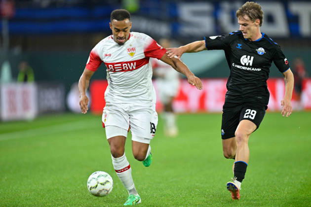 Paderborn, Home Deluxe Arena, October 28, 2026, GER, Men s, DFB Cup, 2nd Round, 2026–2027 Season, SC Paderborn vs. VfB Stuttgart. Photo, from left: Jamie LEWELING (Stuttgart) and Clemens LIPPMANN (Paderborn) in a tackle. For editorial use only. DFB regulations prohibit any use of photographs as image sequences and or quasi-video. North Rhine-Westphalia, Germany