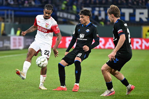 Paderborn, Home Deluxe Arena, October 28, 2026, GER, Men s, DFB Cup, 2nd Round, 2026–2027 Season, SC Paderborn vs. VfB Stuttgart; photo from left: Lorenz ASSIGNON (Stuttgart) in a tackle, Deniz ZEITLER (Paderborn) and Ruben MUELLER (Paderborn). For editorial use only. DFB regulations prohibit any use of photographs as image sequences and or quasi-video. North Rhine-Westphalia, Germany