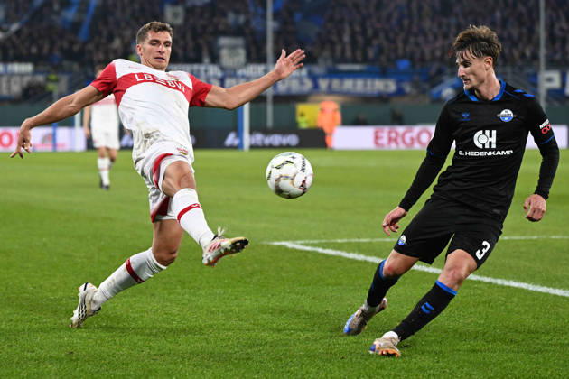 Paderborn, Home Deluxe Arena, October 28, 2026, GER, Men s, DFB Cup, 2nd Round, 2026–2027 Season, SC Paderborn vs. VfB Stuttgart. Photo, from left: Grischa PROEMEL (Stuttgart) and Jonah STICKER (Paderborn) in a tackle. For editorial use only. DFB regulations prohibit any use of photographs as image sequences and or quasi-video. North Rhine-Westphalia, Germany