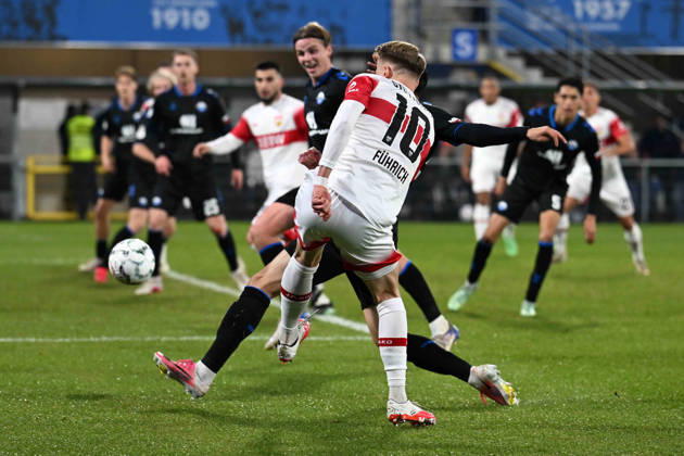 Paderborn, Home Deluxe Arena, October 28, 2026, GER, Men s, DFB Cup, 2nd Round, 2026–2027 Season, SC Paderborn vs. VfB Stuttgart. Photo by Chris FUEHRICH. Stuttgart scores the 0–1 goal off an assist by Deniz UNDAV. Stuttgart. For editorial use only. DFB regulations prohibit any use of photographs as image sequences and or quasi-video. North Rhine-Westphalia, Germany