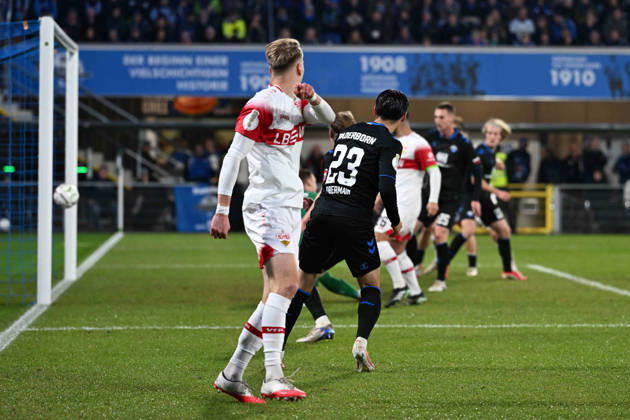 Paderborn, Home Deluxe Arena, October 28, 2026, GER, Men s, DFB Cup, 2nd Round, 2026–2027 Season, SC Paderborn vs. VfB Stuttgart. Photo by Deniz UNDAV. Stuttgart scores the goal to make it 0–1. For editorial use only. DFB regulations prohibit any use of photographs as image sequences and or quasi-video. North Rhine-Westphalia, Germany