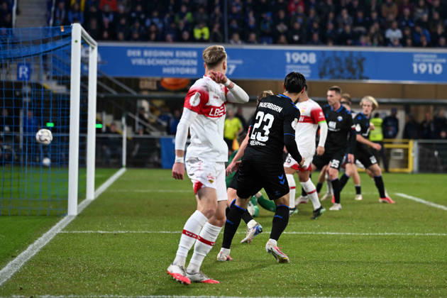 Paderborn, Home Deluxe Arena, October 28, 2026, GER, Men s, DFB Cup, 2nd Round, 2026–2027 Season, SC Paderborn vs. VfB Stuttgart. Photo by Deniz UNDAV. Stuttgart scores the goal to make it 0–1. For editorial use only. DFB regulations prohibit any use of photographs as image sequences and or quasi-video. North Rhine-Westphalia, Germany