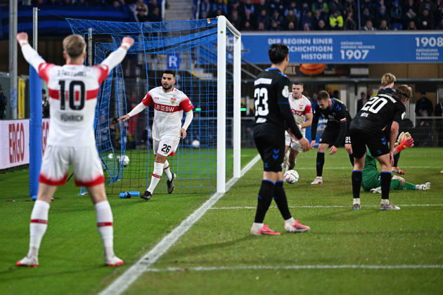 Paderborn, Home Deluxe Arena, October 28, 2026, GER, Men s, DFB Cup, 2nd Round, 2026–2027 Season, SC Paderborn vs. VfB Stuttgart. Photo by Deniz UNDAV: Stuttgart celebrates after scoring the 0–1 goal. For editorial use only. DFB regulations prohibit any use of photographs as image sequences and or quasi-video. North Rhine-Westphalia, Germany