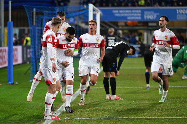 Paderborn, Home Deluxe Arena, October 28, 2026, GER, Men s, DFB Cup, 2nd Round, 2026–2027 Season, SC Paderborn vs. VfB Stuttgart. Photo by Deniz UNDAV: Stuttgart celebrates after scoring the 0–1 goal. For editorial use only. DFB regulations prohibit any use of photographs as image sequences and or quasi-video. North Rhine-Westphalia, Germany
