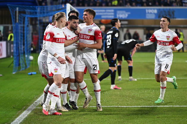 Paderborn, Home Deluxe Arena, October 28, 2026, GER, Men s, DFB Cup, 2nd Round, 2026–2027 Season, SC Paderborn vs. VfB Stuttgart. Photo by Deniz UNDAV: Stuttgart celebrates after scoring the 0–1 goal. For editorial use only. DFB regulations prohibit any use of photographs as image sequences and or quasi-video. North Rhine-Westphalia, Germany