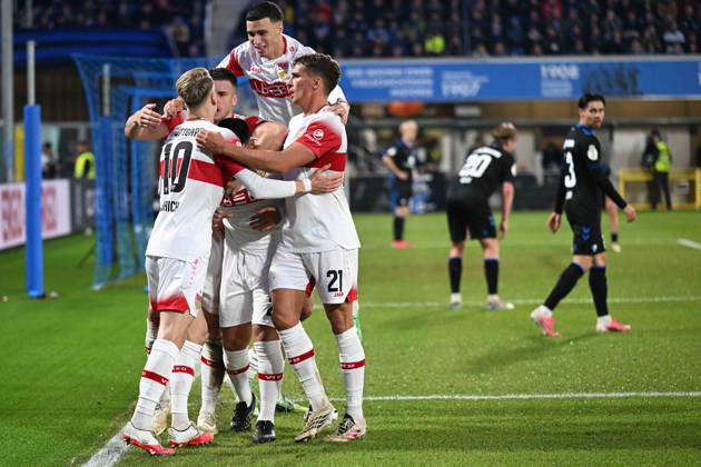 Paderborn, Home Deluxe Arena, October 28, 2026, GER, Men s, DFB Cup, 2nd Round, 2026–2027 Season, SC Paderborn vs. VfB Stuttgart. Photo by Deniz UNDAV: Stuttgart celebrates after scoring the 0–1 goal. For editorial use only. DFB regulations prohibit any use of photographs as image sequences and or quasi-video. North Rhine-Westphalia, Germany