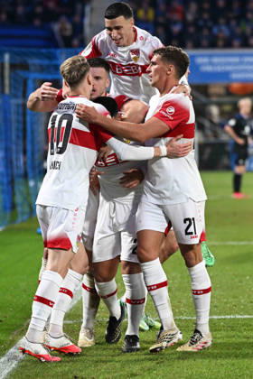 Paderborn, Home Deluxe Arena, October 28, 2026, GER, Men s, DFB Cup, 2nd Round, 2026–2027 Season, SC Paderborn vs. VfB Stuttgart. Photo by Deniz UNDAV: Stuttgart celebrates after scoring the 0–1 goal. For editorial use only. DFB regulations prohibit any use of photographs as image sequences and or quasi-video. North Rhine-Westphalia, Germany
