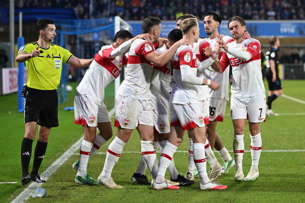 Paderborn, Home Deluxe Arena, October 28, 2026, GER, Men s, DFB Cup, 2nd Round, 2026–2027 Season, SC Paderborn vs. VfB Stuttgart. Photo by Deniz UNDAV: Stuttgart celebrates after scoring the 0–1 goal. For editorial use only. DFB regulations prohibit any use of photographs as image sequences and or quasi-video. North Rhine-Westphalia, Germany