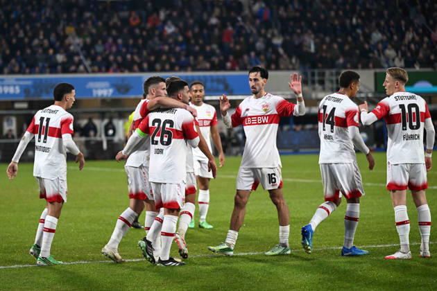 Paderborn, Home Deluxe Arena, October 28, 2026, GER, Men s, DFB Cup, 2nd Round, 2026–2027 Season, SC Paderborn vs. VfB Stuttgart. Photo by Deniz UNDAV: Stuttgart celebrates after scoring the 0–1 goal. For editorial use only. DFB regulations prohibit any use of photographs as image sequences and or quasi-video. North Rhine-Westphalia, Germany