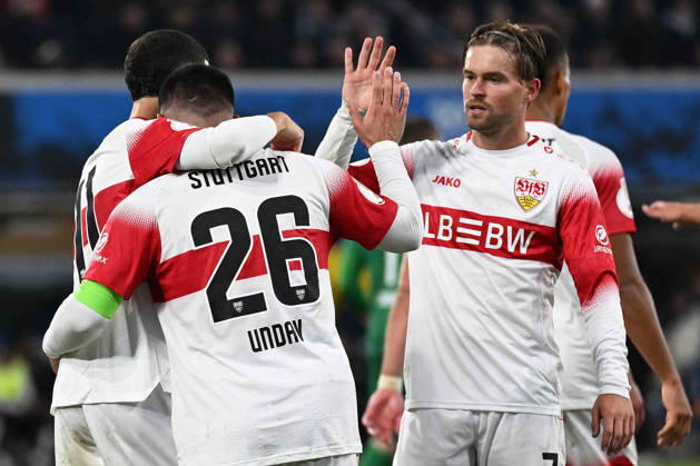Paderborn, Home Deluxe Arena, October 28, 2026, GER, Men s, DFB Cup, 2nd Round, 2026–2027 Season, SC Paderborn vs. VfB Stuttgart. Photo by Deniz UNDAV: Stuttgart celebrates after scoring the 0–1 goal. For editorial use only. DFB regulations prohibit any use of photographs as image sequences and or quasi-video. North Rhine-Westphalia, Germany