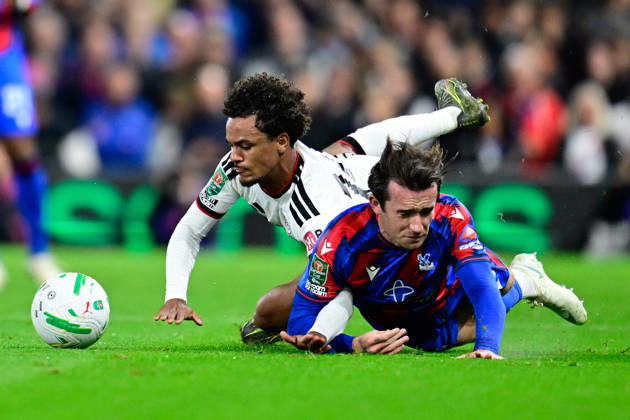 Fulham v Crystal Palace, EFL Cup Fulham midfielder Oscar Bobb (14) falls under pressure from Crystal Palace defender Ben Chilwell (33) during the EFL Cup match between Fulham and Crystal Palace at Craven Cottage, London, UK on 28 October 2026. London Craven Cottage Greater London UK Editorial use only DataCo restrictions apply See www.football-dataco.com , Copyright: xDennisxGoodwinx PSI-25079-0017