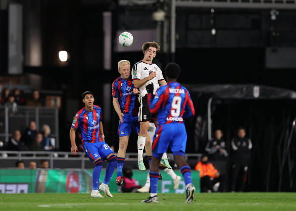 28th October 2026; Craven Cottage, London, England; Carabao Cup Football, Fulham versus Crystal Palace; Cesar Palacios of Fulham heads the ball over Will Hughes of Crystal Palace JohnxPatrickxFletcher