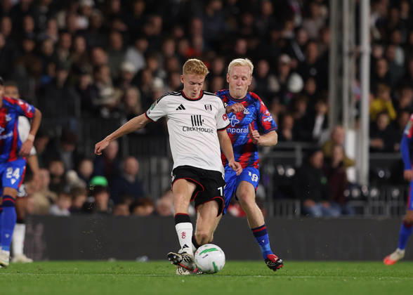 28th October 2026; Craven Cottage, London, England; Carabao Cup Football, Fulham versus Crystal Palace; Hugo Larsson of Fulham challenged by Will Hughes of Crystal Palace JohnxPatrickxFletcher