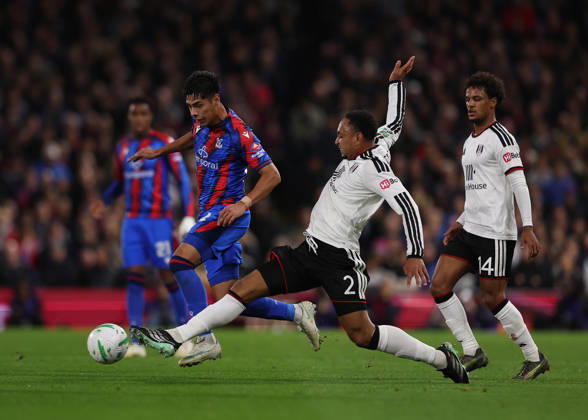 28th October 2026; Craven Cottage, London, England; Carabao Cup Football, Fulham versus Crystal Palace; Kenny Tete of Fulham challenges Dario Osorio of Crystal Palace JohnxPatrickxFletcher