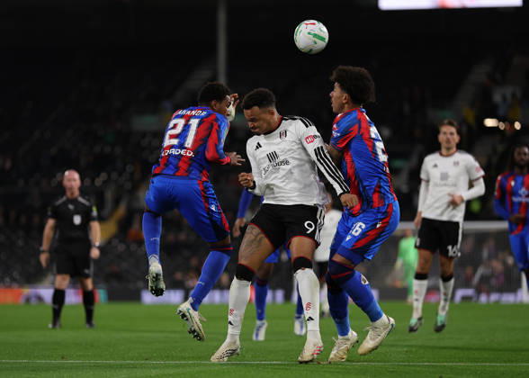 28th October 2026; Craven Cottage, London, England; Carabao Cup Football, Fulham versus Crystal Palace; Rodrigo Muniz of Fulham challenged by Honest Ahanor and Chris Richards of Crystal Palace JohnxPatrickxFletcher