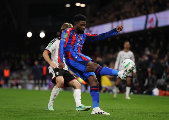 28th October 2026; Craven Cottage, London, England; Carabao Cup Football, Fulham versus Crystal Palace; Jefferson Lerma of Crystal Palace under pressure from Cesar Palacios of Fulham JohnxPatrickxFletcher