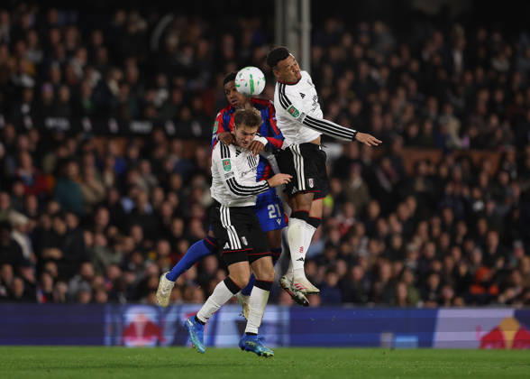 28th October 2026; Craven Cottage, London, England; Carabao Cup Football, Fulham versus Crystal Palace; Honest Ahanor of Crystal Palace under pressure from Sander Berge and Rodrigo Muniz of Fulham JohnxPatrickxFletcher