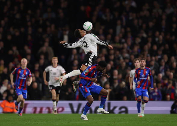 28th October 2026; Craven Cottage, London, England; Carabao Cup Football, Fulham versus Crystal Palace; Rodrigo Muniz of Fulham heads the ball over Jefferson Lerma of Crystal Palace JohnxPatrickxFletcher