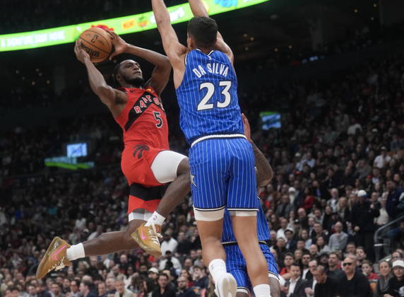 October 28, 2026, Toronto, On, CANADA: Toronto Raptors Immanuel Quickley (5) shoots past Orlando Magic s Tristan da Silva (23) during first half NBA, Basketball Herren, USA basketball action in Toronto on Wednesday, Oct. 28, 2026. Canada News - October 28, 2026  - ZUMAc35_ 20261028_zaf_c35_107 Copyright: xNathanxDenettex