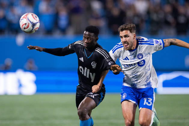 October 28, 2026: Charlotte FC forward Rodolfo Aloko (37) and CF Montreal defender Luca Petrasso (13) chase the loose ball during the first half of the MLS, Fussball Herren, USA match up at Bank of America Stadium in Charlotte, NC. Mandatory Credit: -Cal Media Charlotte United States - ZUMAc04_ 20261028_zma_c04_007 Copyright: xScottxKinserx