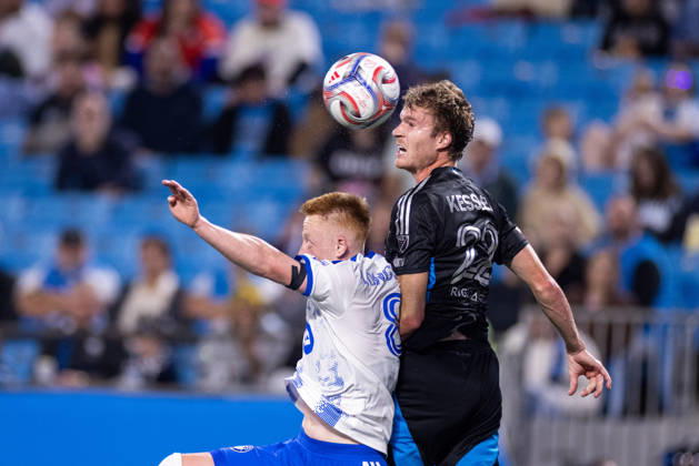 October 28, 2026: Charlotte FC defender Henry Kessler (22) heads the ball away from CF Montreal midfielder Matty Longstaff (8) during the first half of the MLS, Fussball Herren, USA match up at Bank of America Stadium in Charlotte, NC. Mandatory Credit: -Cal Media Charlotte United States - ZUMAc04_ 20261028_zma_c04_010 Copyright: xScottxKinserx