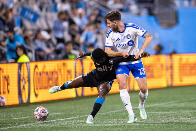October 28, 2026: Charlotte FC forward Rodolfo Aloko (37) contends with CF Montreal defender Luca Petrasso (13) during the first half of the MLS, Fussball Herren, USA match up at Bank of America Stadium in Charlotte, NC. Mandatory Credit: -Cal Media Charlotte United States - ZUMAc04_ 20261028_zma_c04_028 Copyright: xScottxKinserx