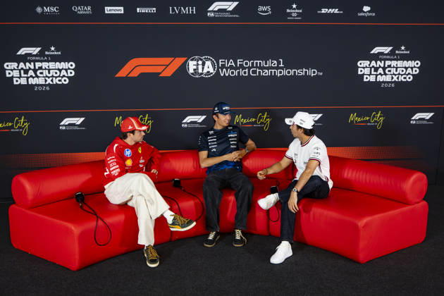 F1 - MEXICO CITY GRAND PRIX 2026 LECLERC Charles (mco), Scuderia Ferrari SF-26, ALBON Alexander (tha), Williams F1 Team FW48, PEREZ Sergio (mex), Cadillac F1 Team CA01, portrait, pre-event press conference, PK, Pressekonferenz during the 2026 Formula 1 Mexico City Grand Prix, 19th round of the 2026 Formula One World Championship, WM, Weltmeisterschaft from October 30 to November 1, 2026 on the Autodromo Hermanos Rodriguez, in Mexico City, Mexico - Mexico CityMexico Copyright: xJulienxDelfossex