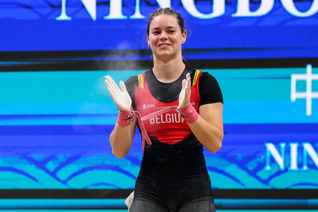 Annelien Vandenabeele of Belgium reacts as she competes in Women 57 kg Snatch during the 2026 IWF World Championships at Ningbo Olympic Sports Center in Ningbo, China, October 30, 2026. GiorgioxScala