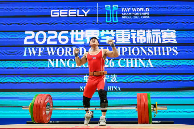 Pyol Pak of Democratic Republic of Korea reacts as he competes in Men 70 Kg Clean and Jerk during the 2026 IWF World Championships at Ningbo Olympic Sports Center in Ningbo, China, October 30, 2026. Pyol Pak of Democratic sets a new world record in Total. GiorgioxScala