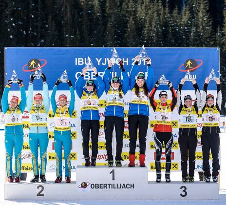 Biathlon Junioren WM, Siegerehrung Staffel Damen und Herren