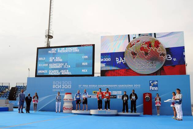 Wasserspringen, WM, Siegerehrung Synchronspringen der Herren, 3m Brett