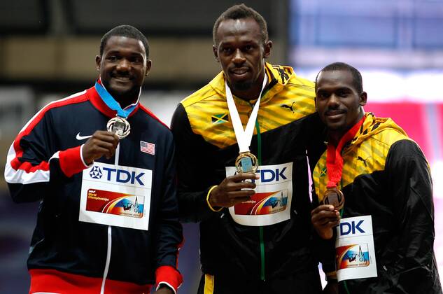 Leichtathletik, WM in Moskau, Siegerehrung 100m mit Usain Bolt