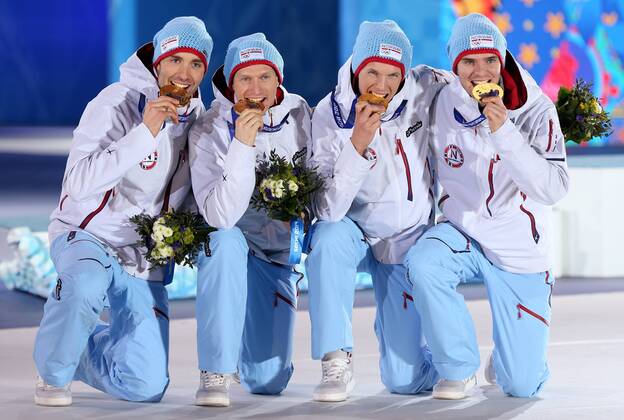Sotschi 2014, Nordische Kombination, Teamwettbewerb, Siegerehrung mit Olympiasieger Norwegen