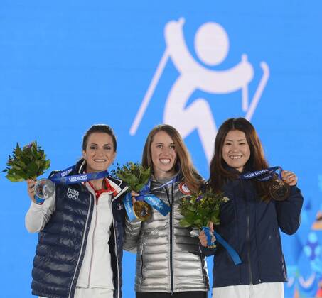 Sotschi 2014, Ski Freestyle, Halfpipe, Siegerehrung mit Olympiasiegerin Maddie Bowman