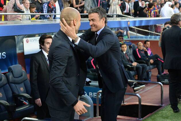 Fußball, Champions League, Begrüßung der Trainer Luis Enrique und Pep Guardiola, Halbfinale FC Barcelona - FC Bayern München