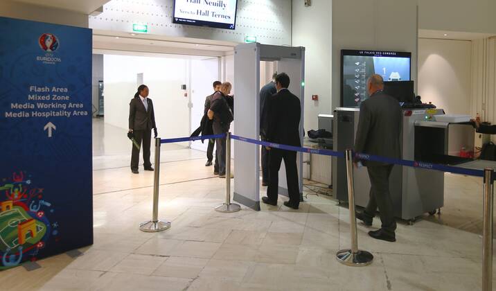 EURO 2016, draw in Paris at the Congress Centre, security check at the media centre