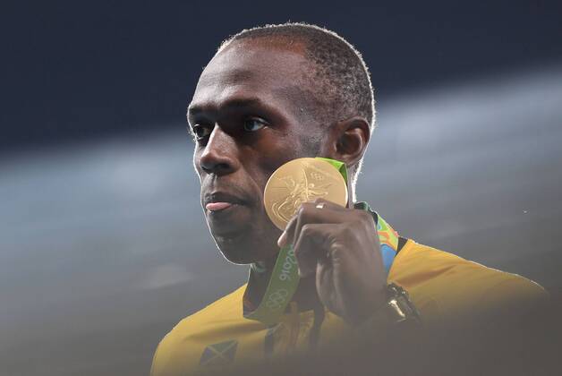 Rio 2016, Leichtathletik, 100m der Herren, Usain Bolt während der Siegerehrung