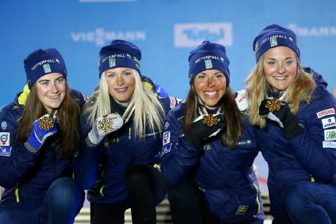Nordische Ski WM in Seefeld, 4x5km Staffel Damen, Siegerehrung