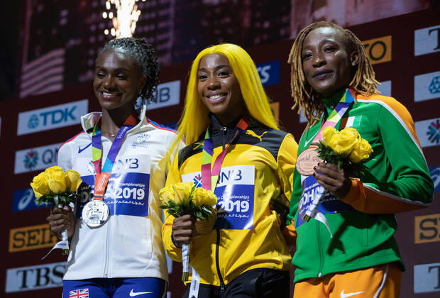Leichtathletik WM in Doha, Damen, 100m, Siegerehrung