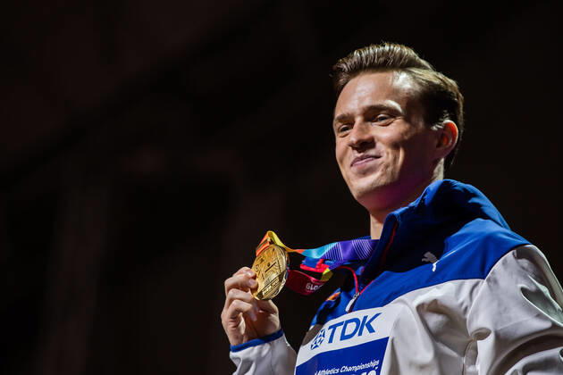 Leichtathletik WM in Doha, 400m Hürden Herren, Siegerehrung