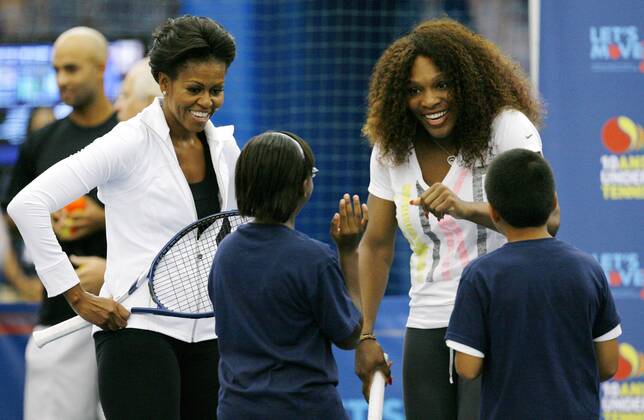 Tennis, US Open, Let´s Move Initiative mit Michele Obama, Billie Jean King, Serena Williams und James Blake