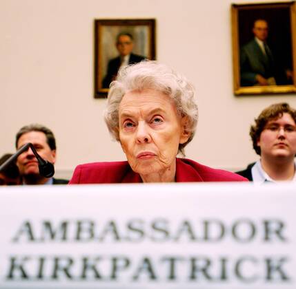 Jeane Kirkpatrick (USA) während einer Anhörung vor dem House International Relations Committee zum Thema United Nations Reform - Aufgabe und Aussichten - in Washington D.C. -  - wap2005031575