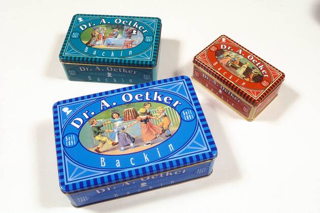 Reproduktionen von historischen Weißblechdosen für - Backin - von - Dr. A. Oetker - in Bielefeld
